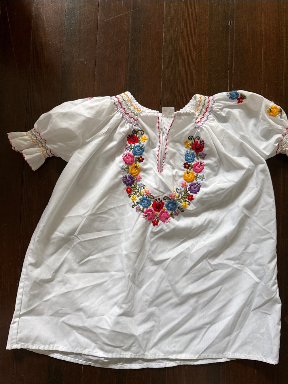 White Embroidered Peasant Top with Colorful Floral Neckline